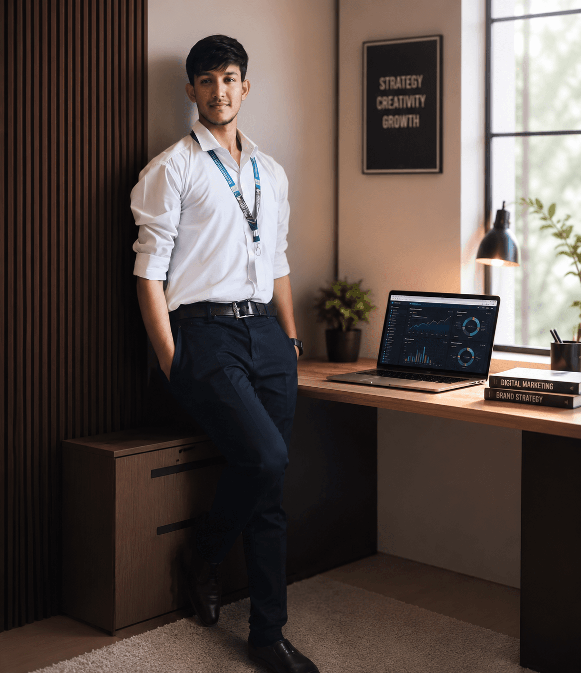 Mohammed Aouf, AI digital marketer and freelance growth strategist, standing by a desk with marketing analytics on screen